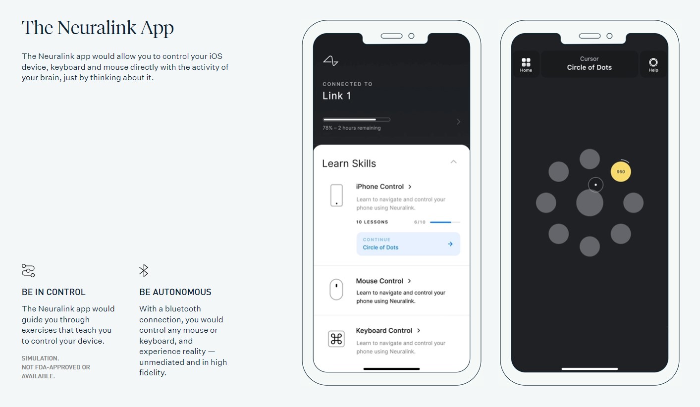 Neuralink app screens for learning cursor and keyboard control