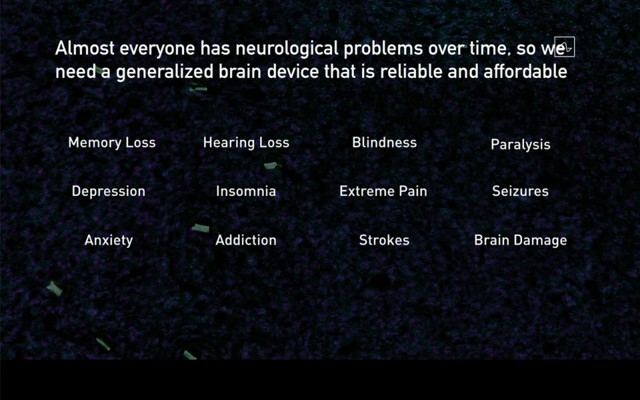 Slide listing neurological problems Neuralink aims to address, from memory loss to paralysis