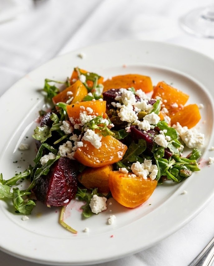 AI-enhanced photo of the same beet and feta salad