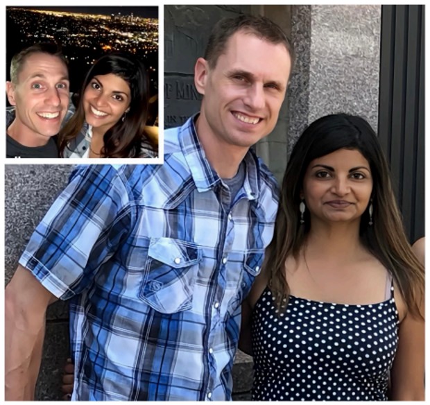 CJ Johnson and his wife on a road trip, with an inset of the couple under the Hollywood sign