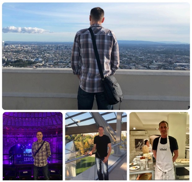 Collage of CJ Johnson at Griffith Observatory above Los Angeles and on other trips