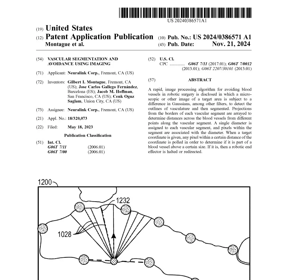 First page of Neuralink's patent application on vascular segmentation and avoidance