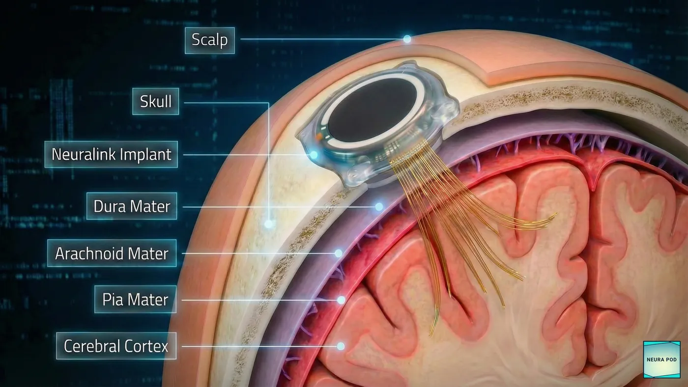 Illustration of the layers a Neuralink implant passes through, from the scalp to the cerebral cortex