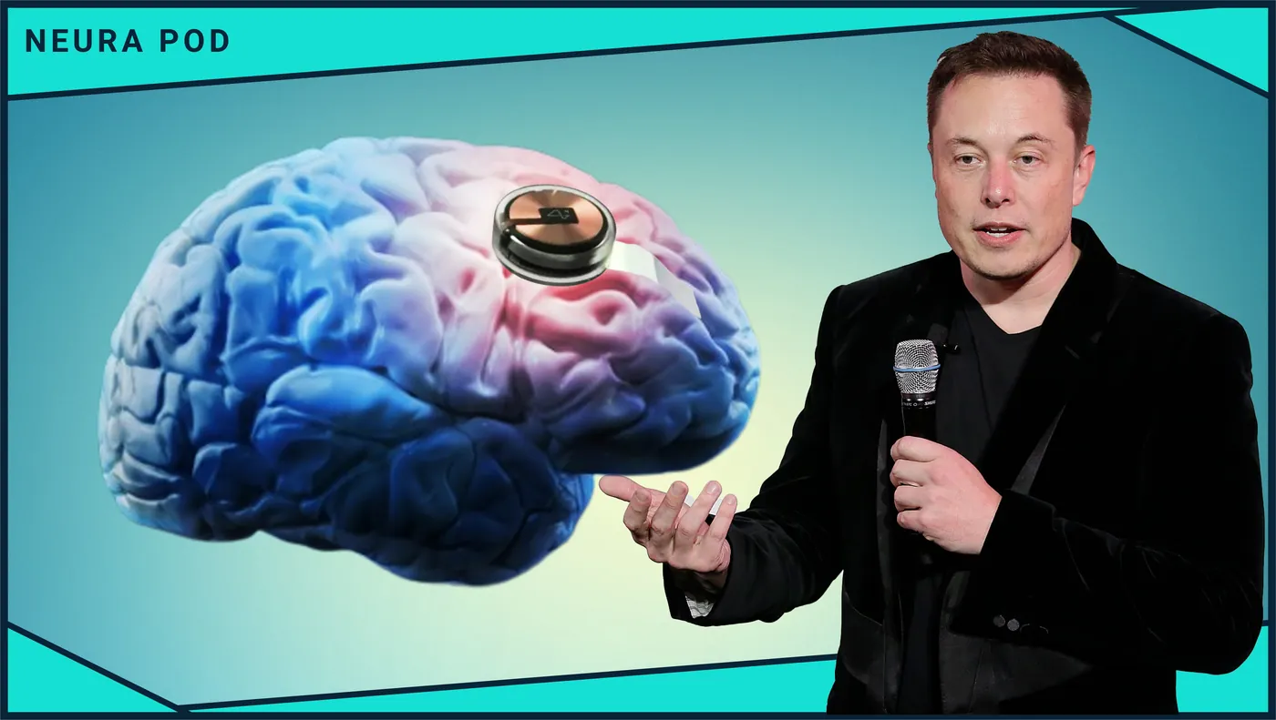 Elon Musk beside a brain with a Neuralink implant