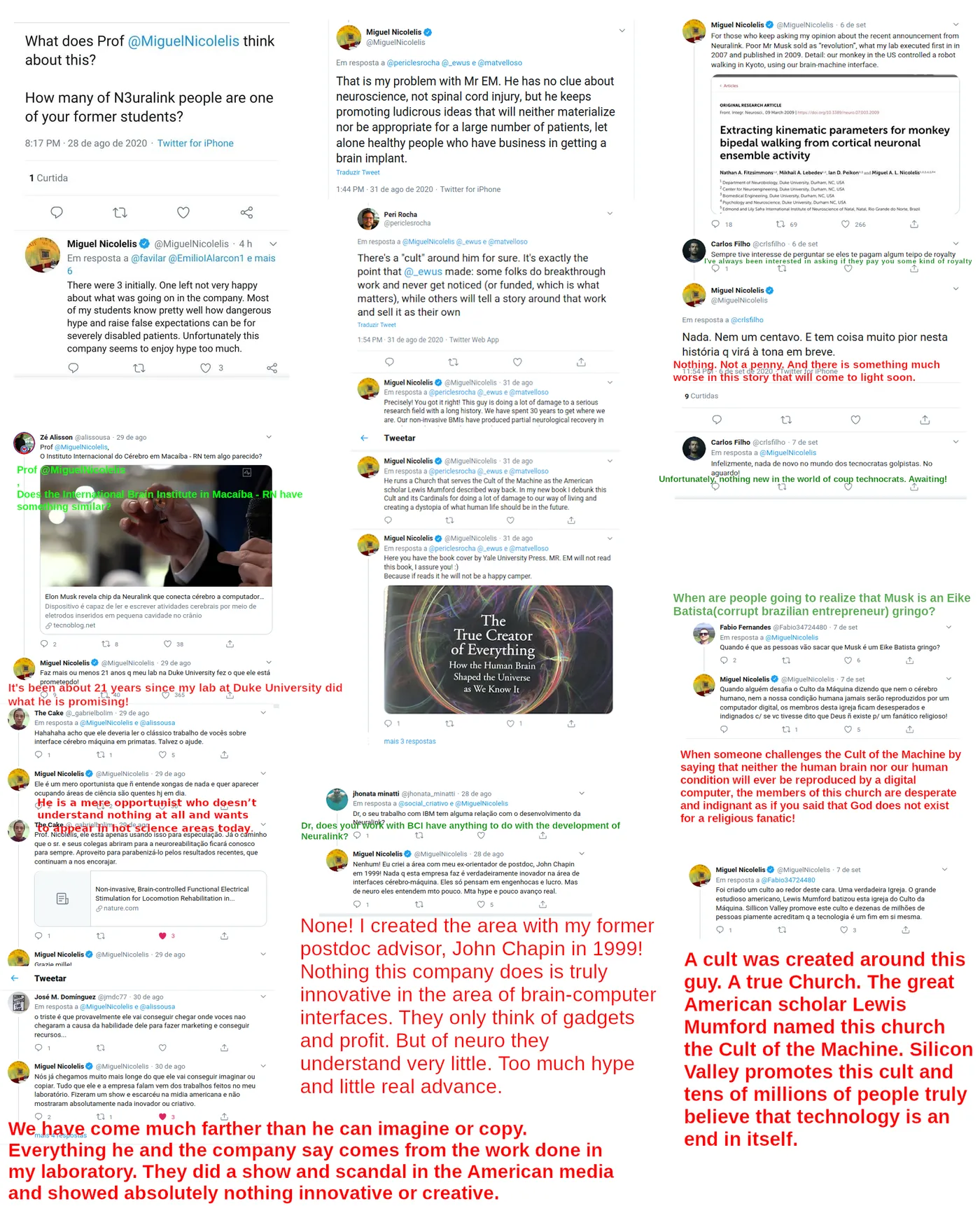 Screenshots of a brain expert's tweets criticizing Neuralink
